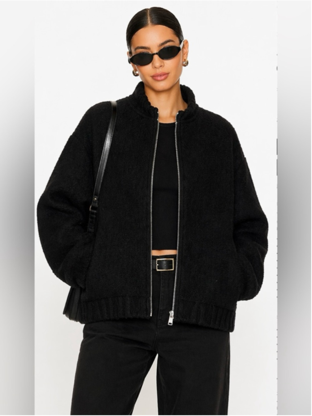 Zara Black Bouclé Cropped Jacket Small Textured Zip Up